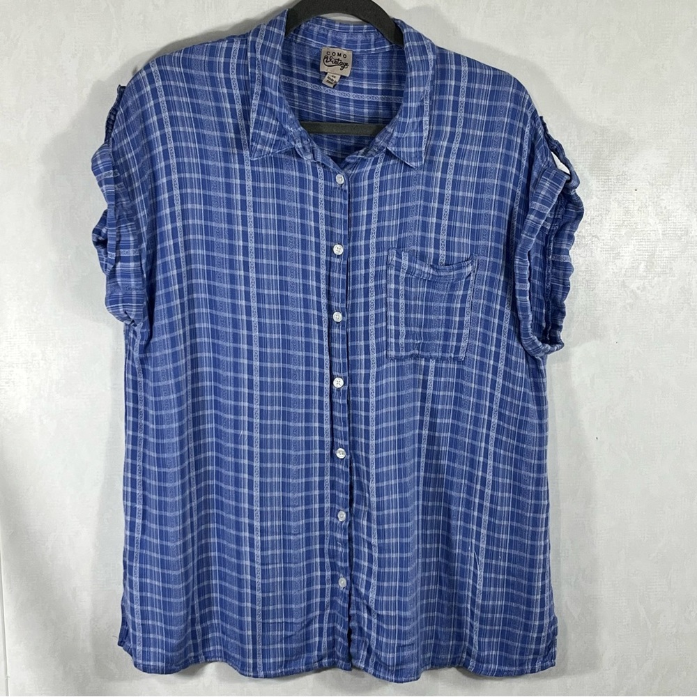 Como Vintage Blue Plaid Button Down Shirt Cuff Sleeve